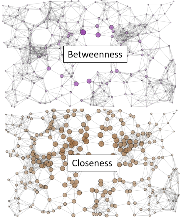 As we see nodes with maximum-betweeness, are much more rare and (possibly) important.